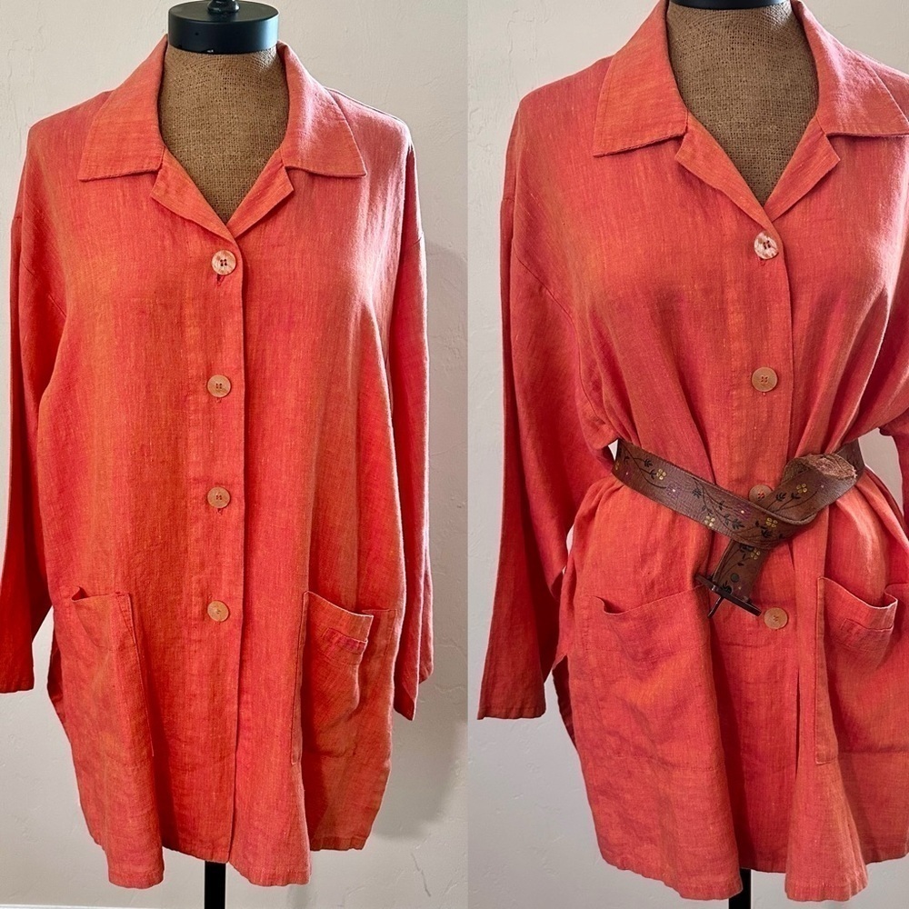 Nino Wong California Vintage Linen Tangerine button down shirt tunic shacket LG 